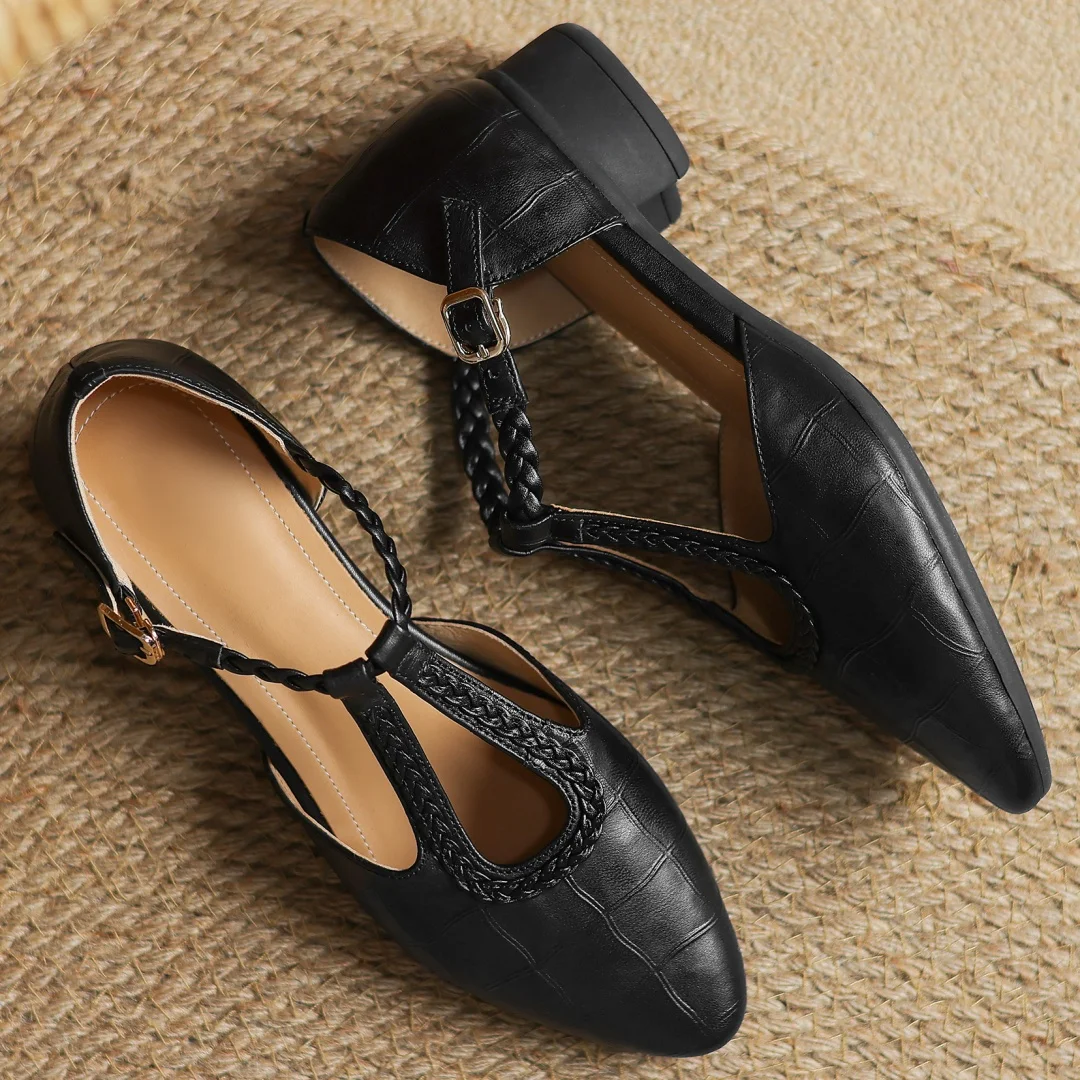 Cara | Women’s t-strap sandals with braided detail and pointed toe