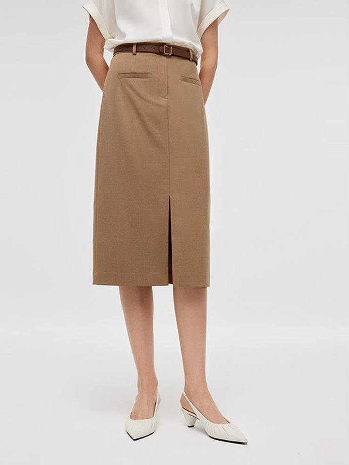 Alora | Women's basic straight slit midi skirt with belt