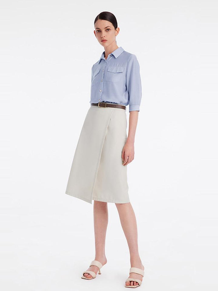Vada | Women’s acetate shirt and asymmetric skirt set with leather belt