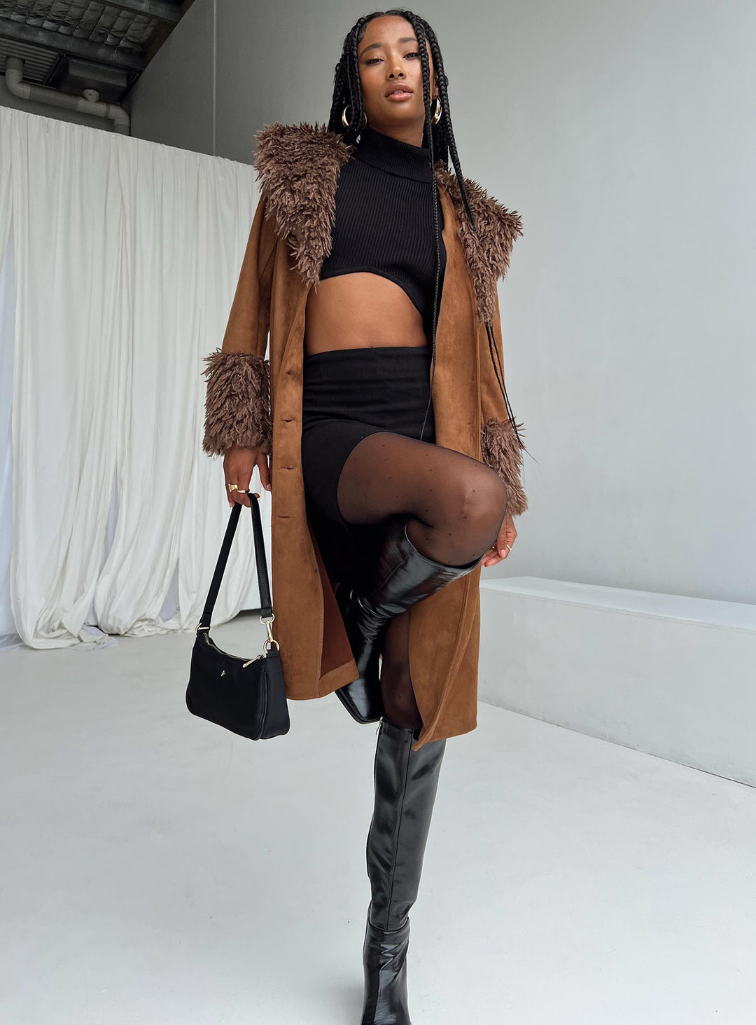 Abby | Women’s long faux suede trench coat with faux fur collar and cuffs