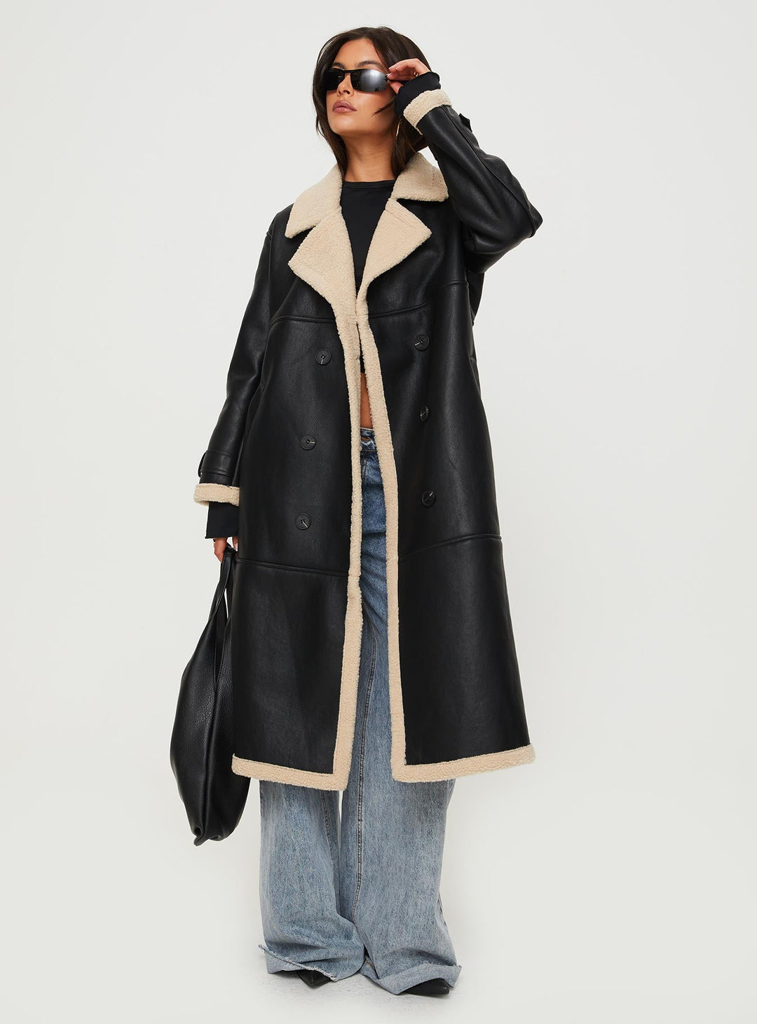 Monica | Women’s longline  trench coat with shearling detail and double-breasted front