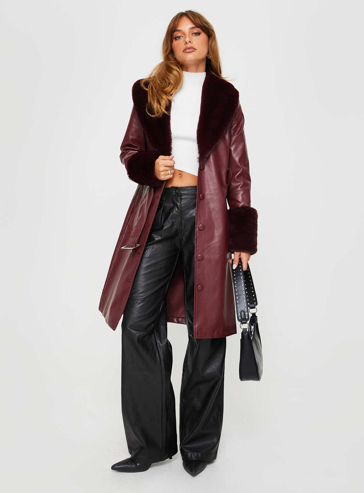 Isabella | Women’s longline faux leather trench coat with faux fur trim