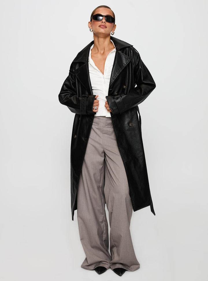 Bettina | Women’s faux leather belted trench coat with wide collar and lapel