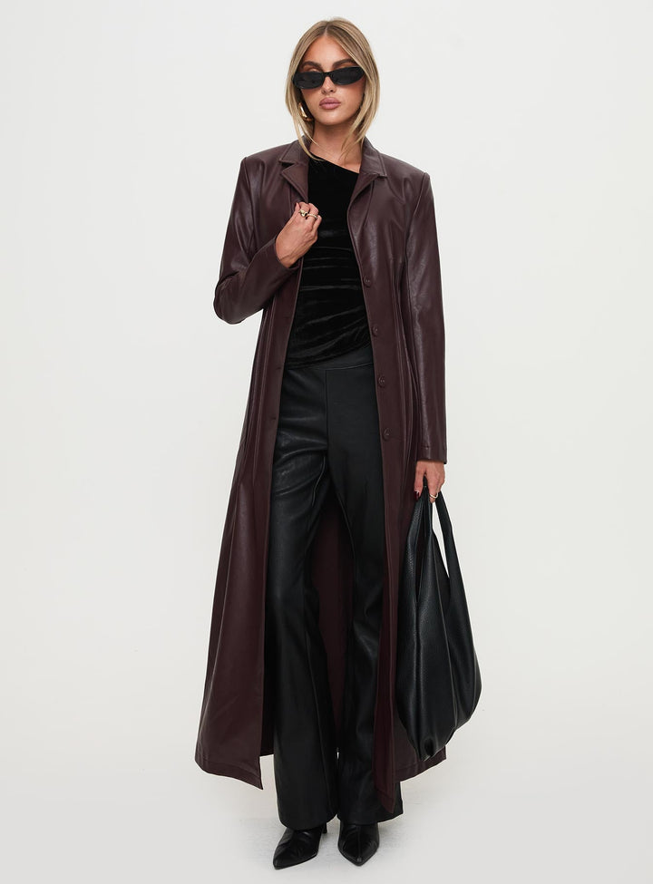 Kara | Women’s longline faux leather trench coat with lapel collar and pleat detail