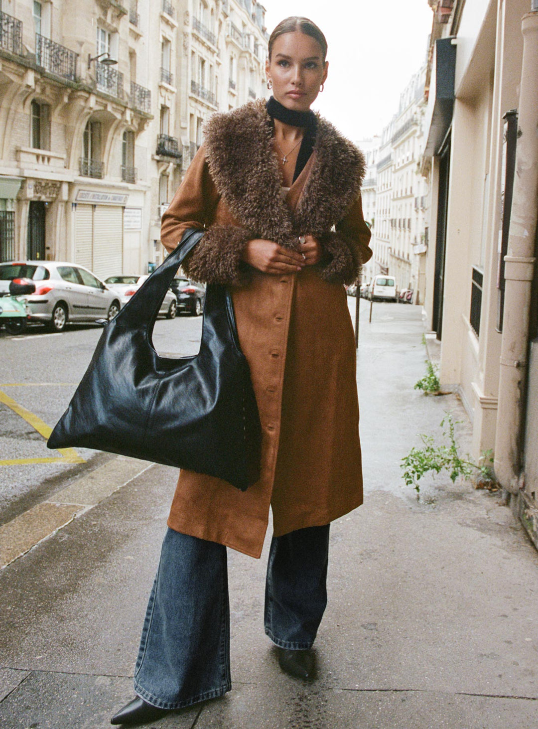 Abby | Women’s long faux suede trench coat with faux fur collar and cuffs