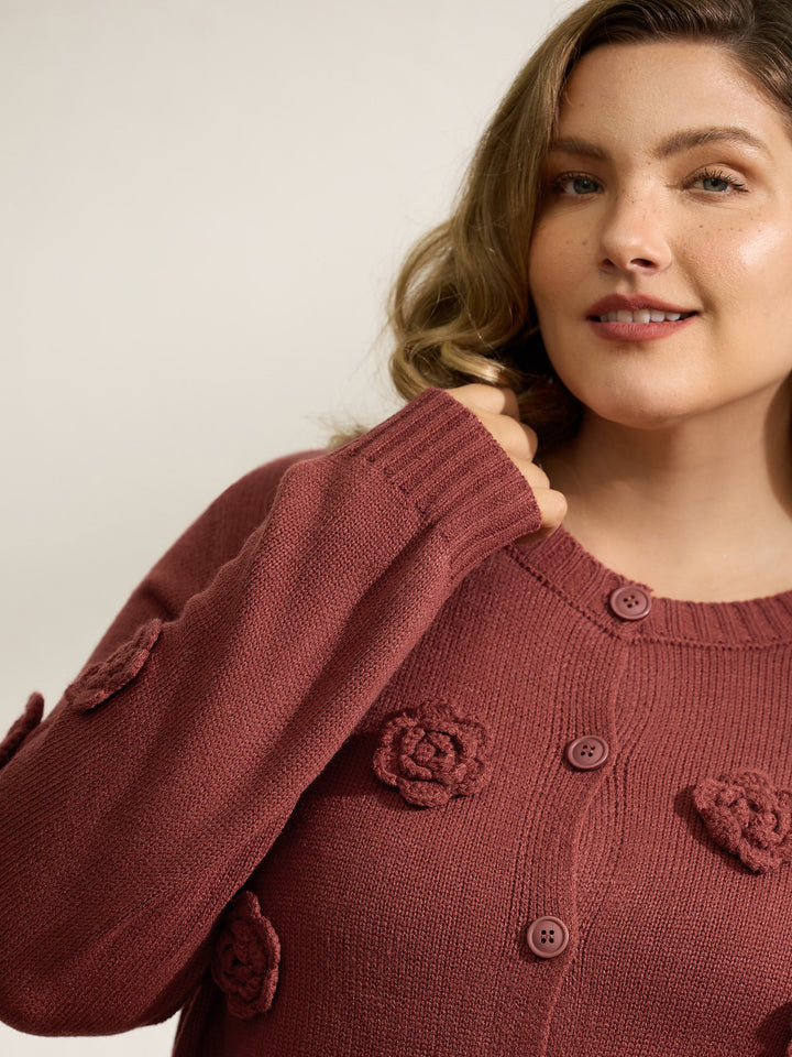 Samantha | Women's 3D floral pattern round neck knit cardigan with ribbed trims