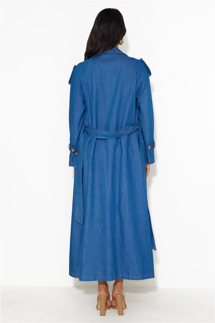 Cindy | Women’s denim trench coat with waist tie and button closure