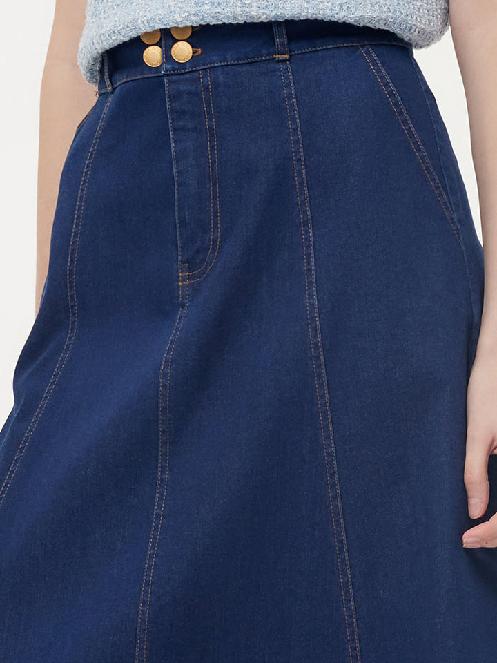 Nyla | Women’s adjustable high-waisted A-line denim midi skirt