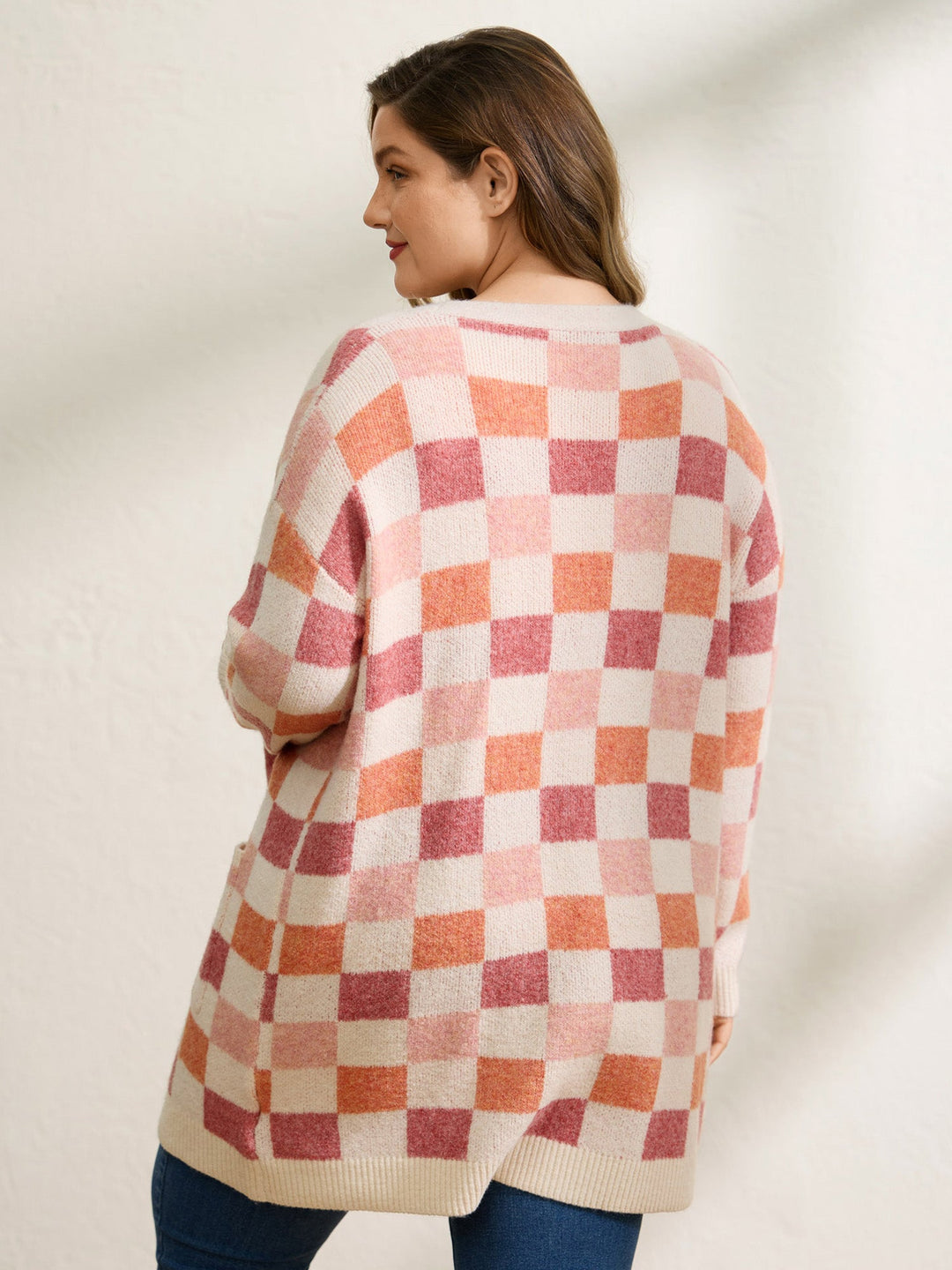 Elsie | Women’s checkered open-front knit cardigan with front pockets