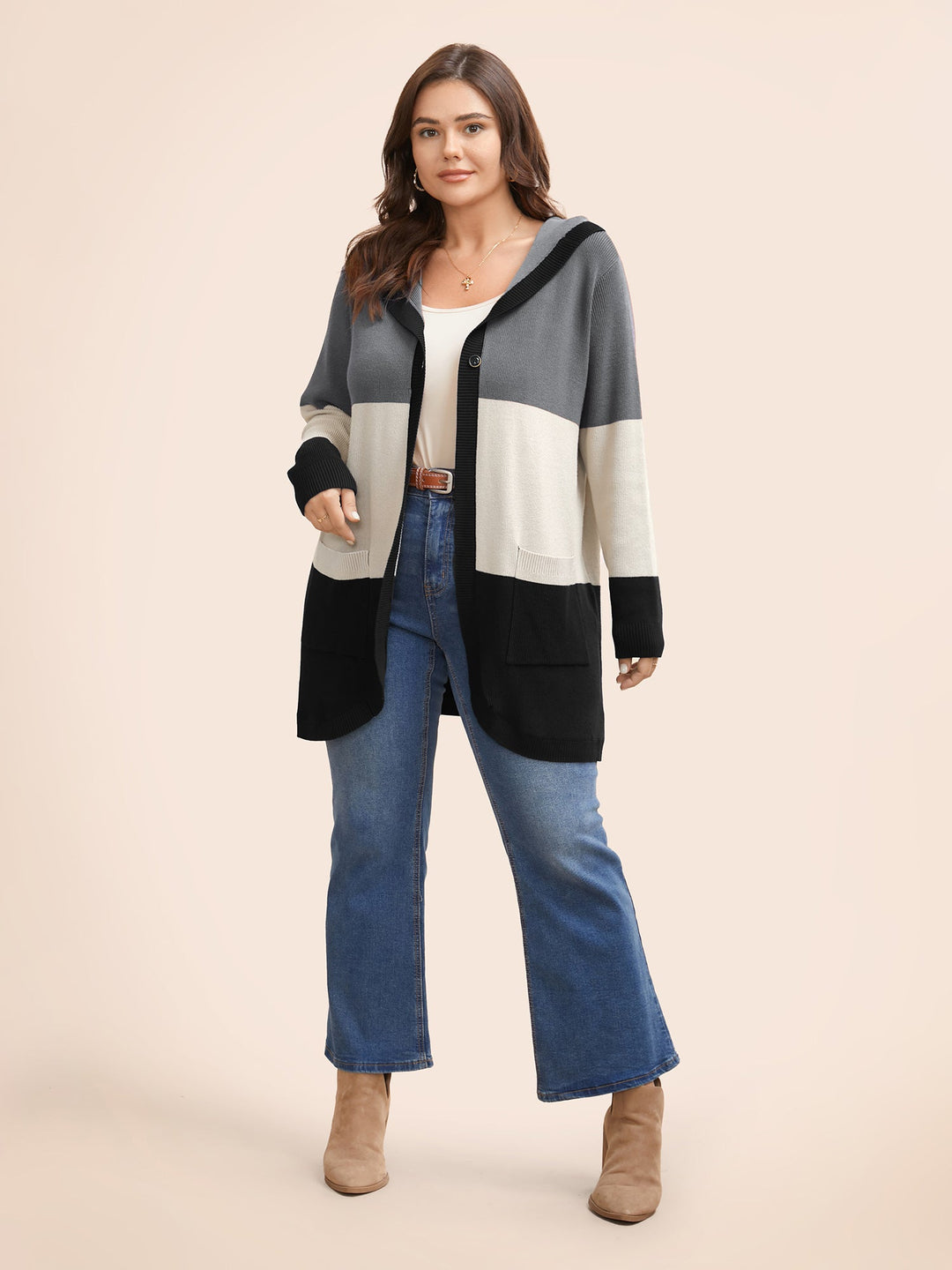 Adeline | Women’s color block hooded knit cardigan with patch pockets