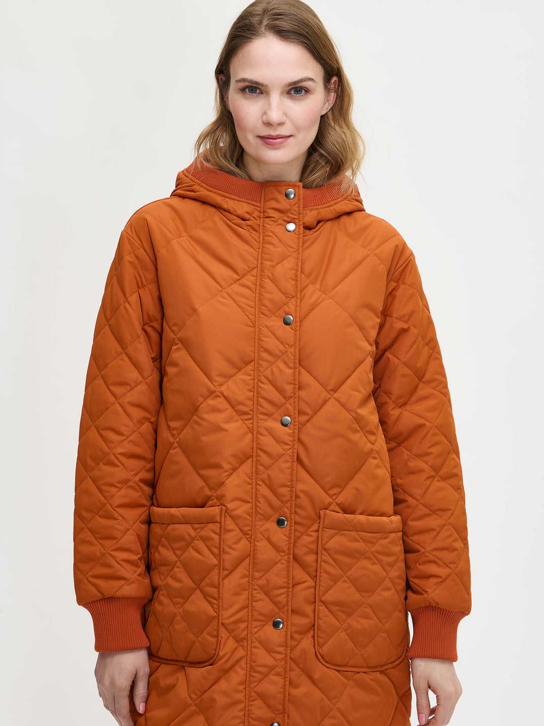 Solana | Women’s long quilted hooded coat with oversized patch pockets