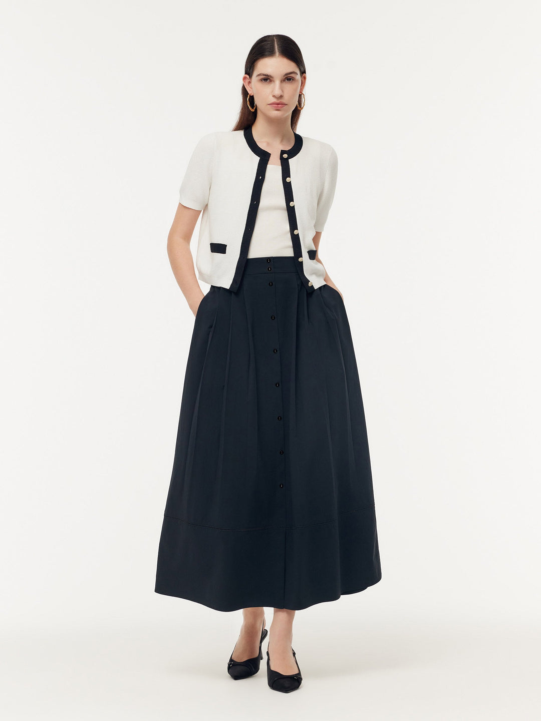Kiara | Women's A-line pleated maxi skirt with shell buttons