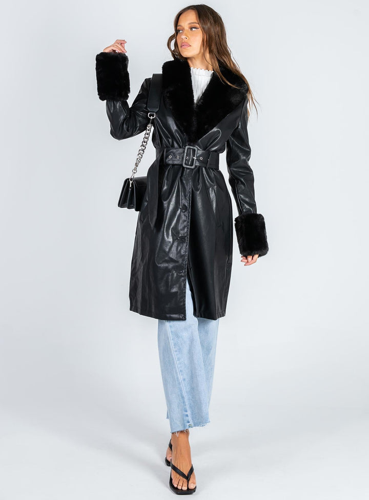 Harley | Women’s long vegan leather trench coat with faux fur trim and belt