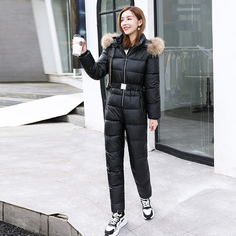 Samara | Women’s one-piece faux fur hooded  ski suit