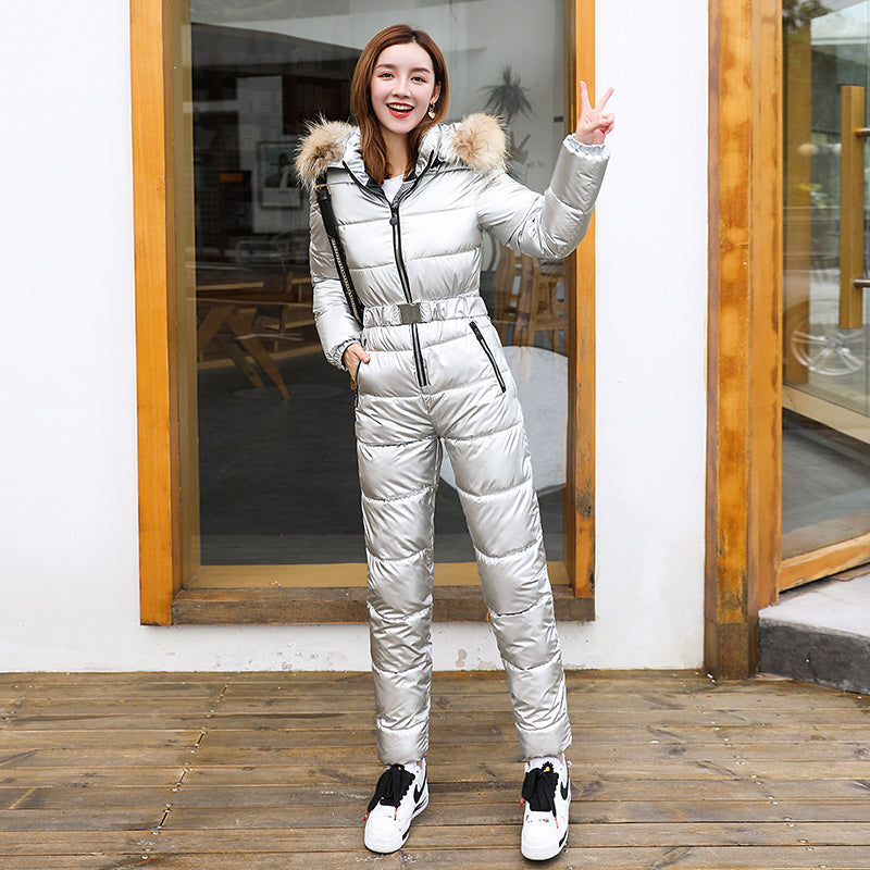 Samara | Women’s one-piece faux fur hooded  ski suit