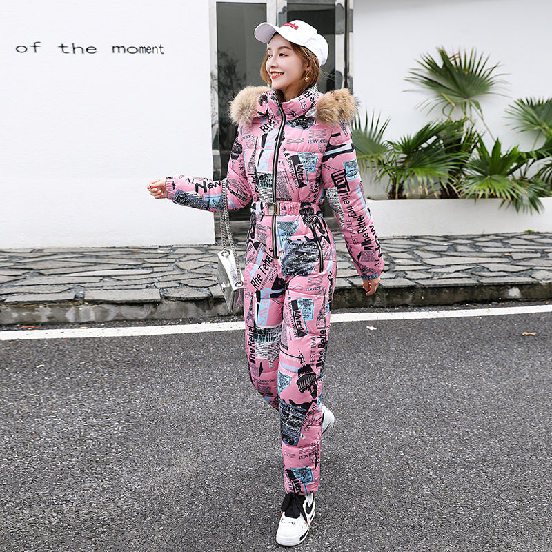 Samara | Women’s one-piece faux fur hooded  ski suit