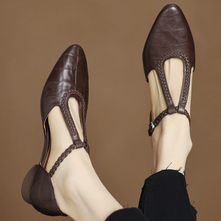 Cara | Women’s t-strap sandals with braided detail and pointed toe