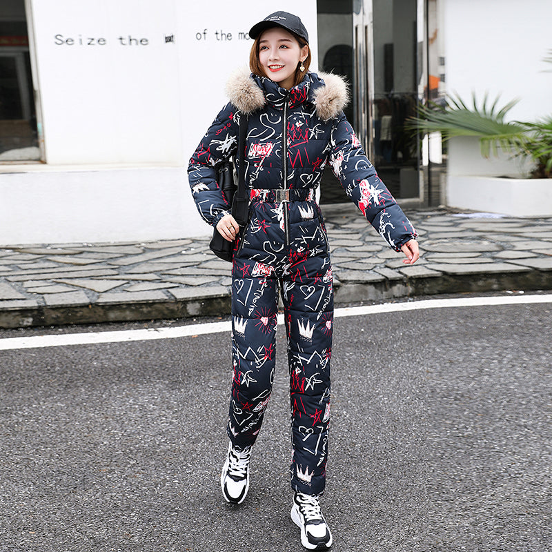 Samara | Women’s one-piece faux fur hooded  ski suit