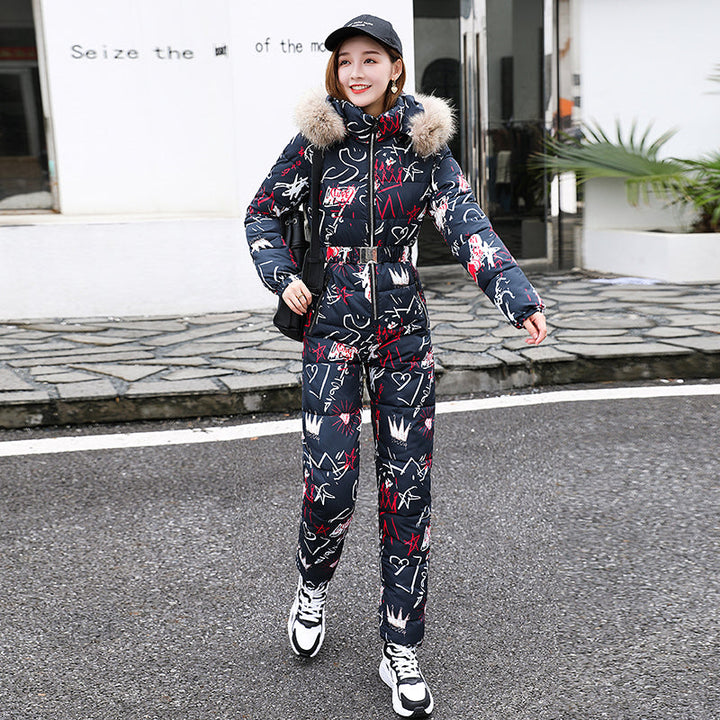 Samara | Women’s one-piece faux fur hooded  ski suit