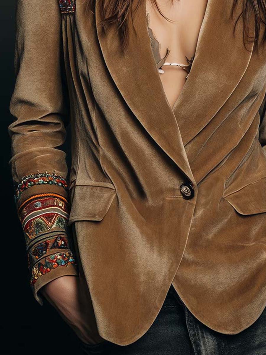 Eliza | Women’s velvet blazer with embroidered cuffs and shoulders