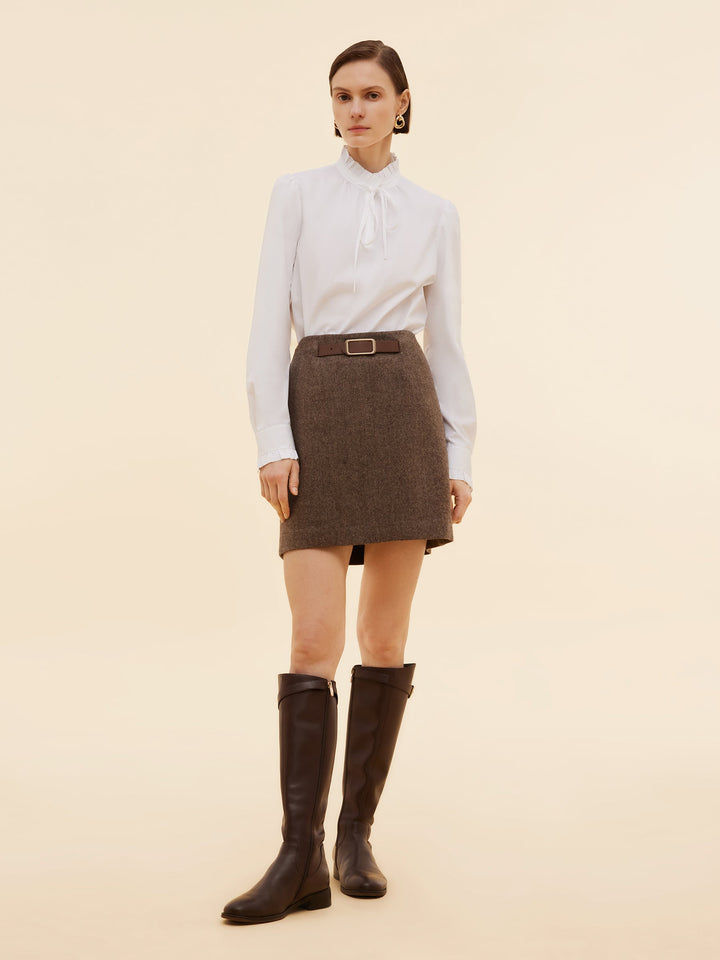 Arya | Women's wool A-line mini skirt with leather belt