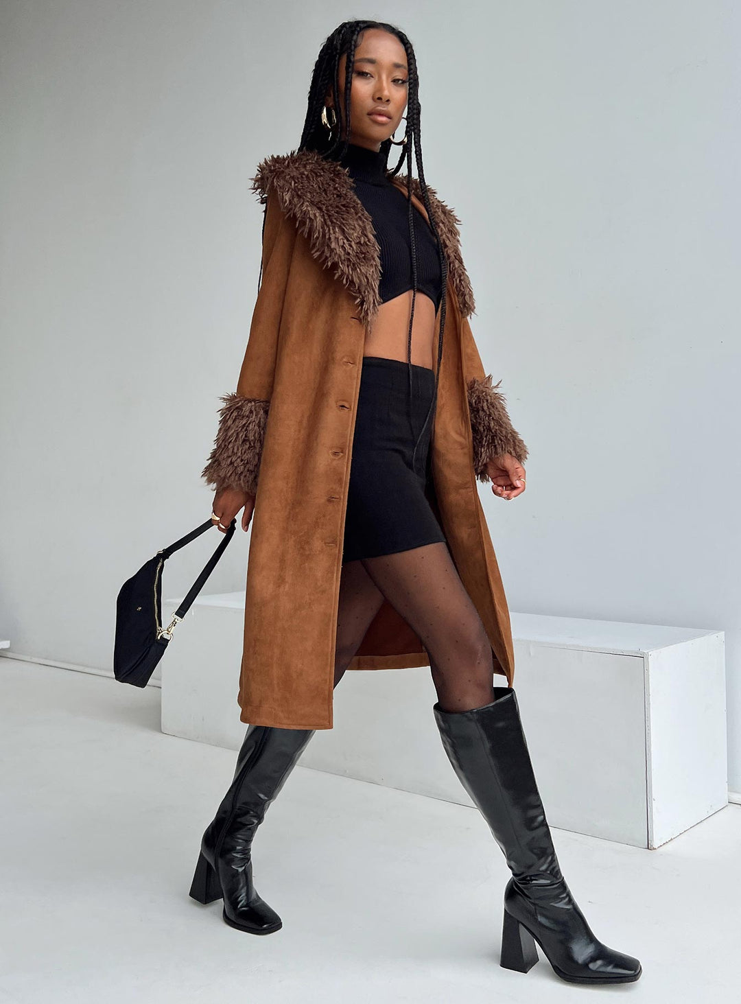 Abby | Women’s long faux suede trench coat with faux fur collar and cuffs