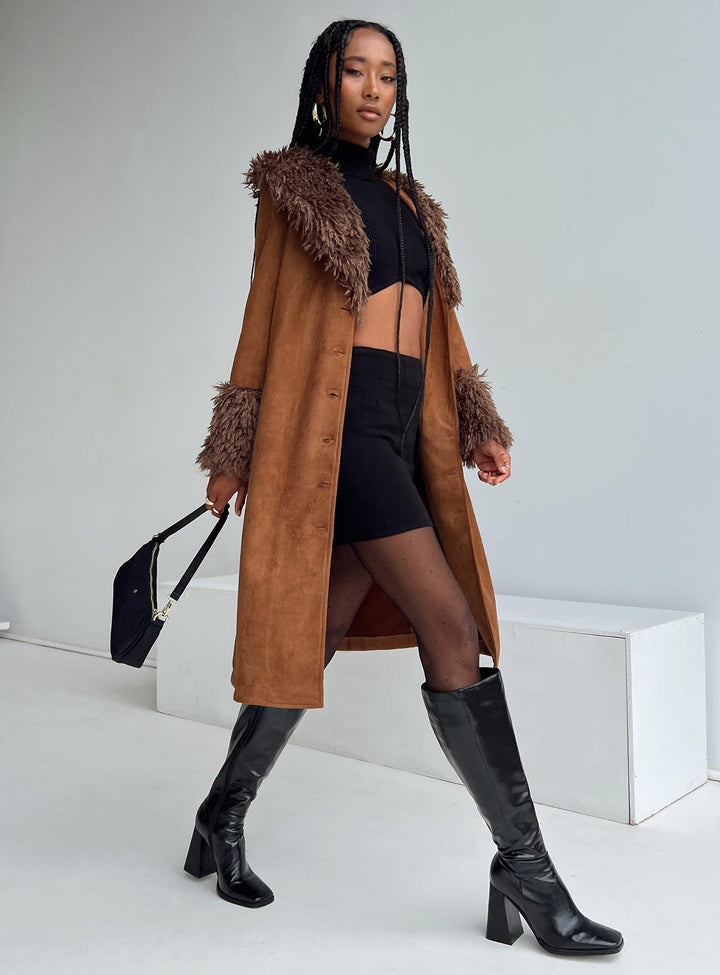 Abby | Women’s long faux suede trench coat with faux fur collar and cuffs