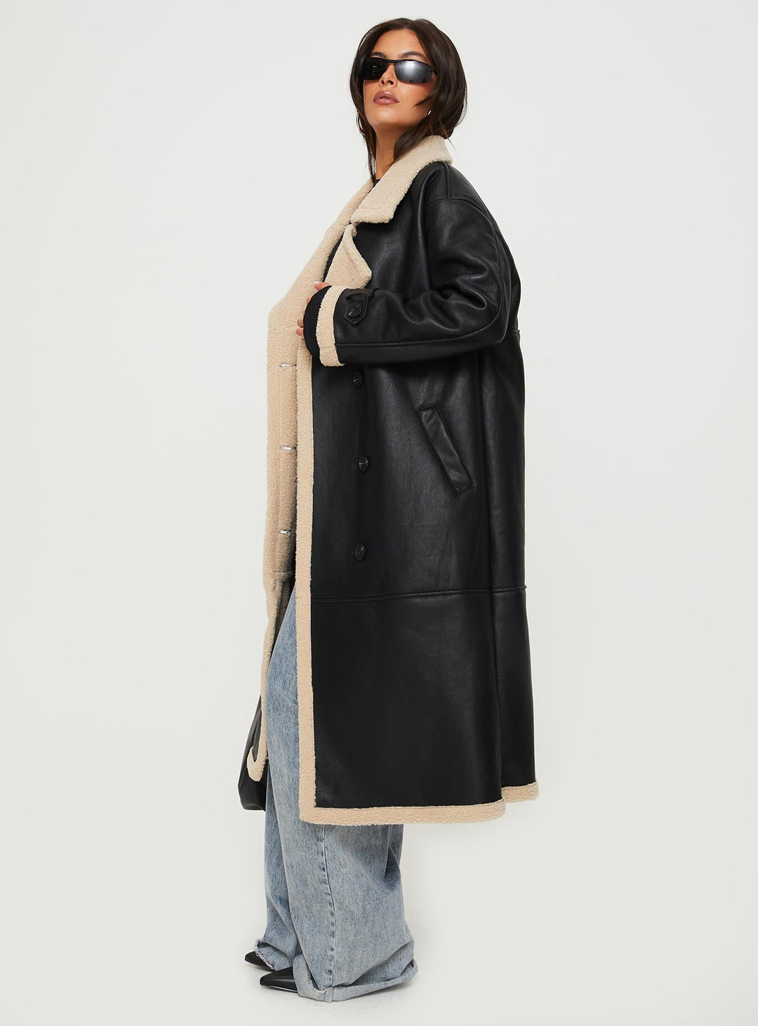 Monica | Women’s longline  trench coat with shearling detail and double-breasted front