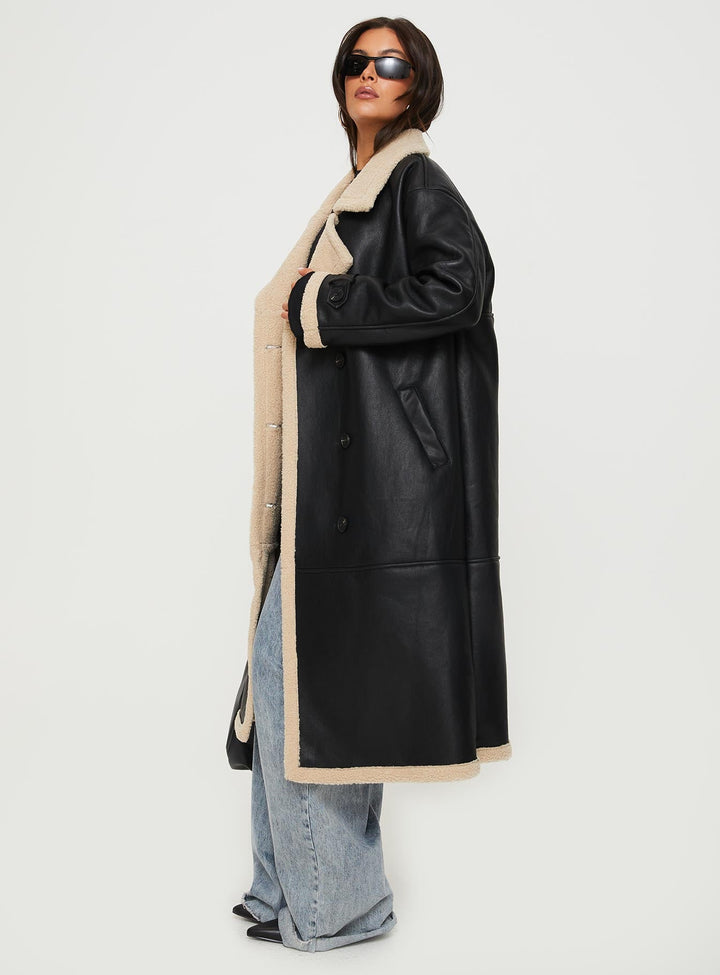 Monica | Women’s longline  trench coat with shearling detail and double-breasted front