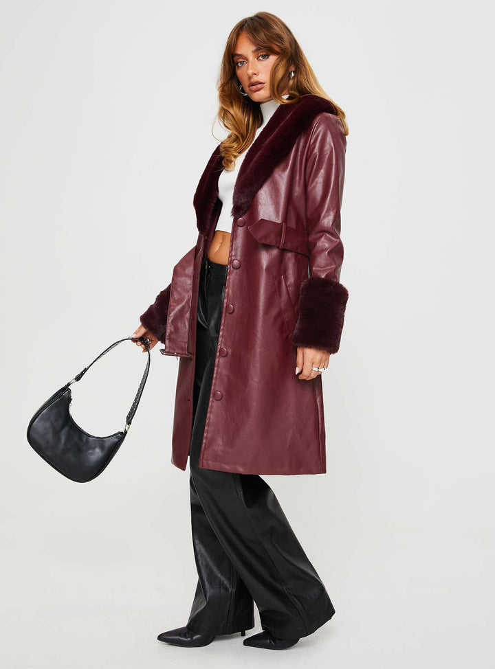 Isabella | Women’s longline faux leather trench coat with faux fur trim