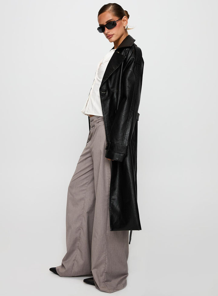 Bettina | Women’s faux leather belted trench coat with wide collar and lapel