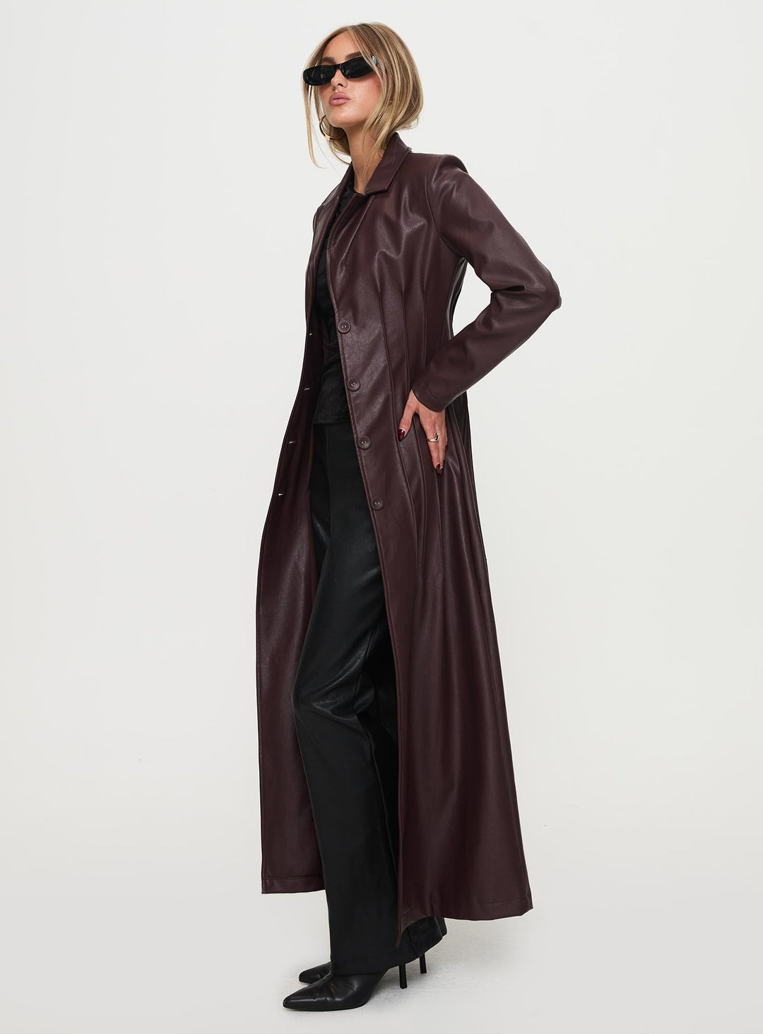 Kara | Women’s longline faux leather trench coat with lapel collar and pleat detail