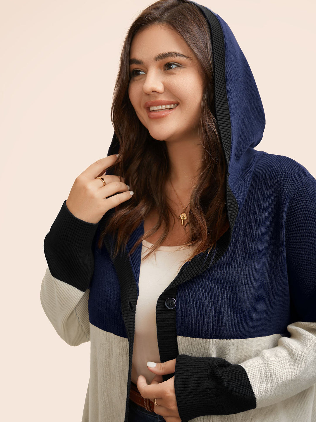 Adeline | Women’s color block hooded knit cardigan with patch pockets