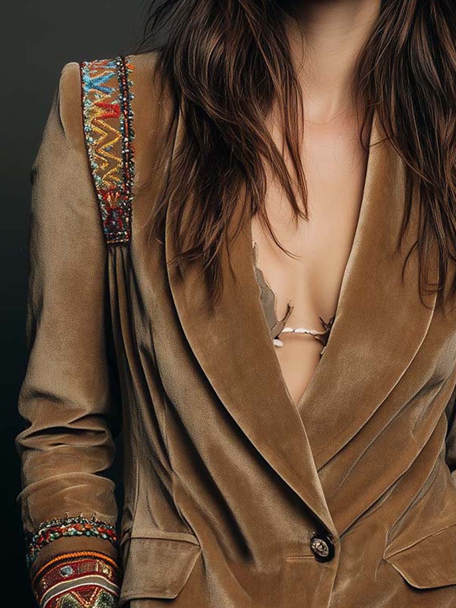 Eliza | Women’s velvet blazer with embroidered cuffs and shoulders