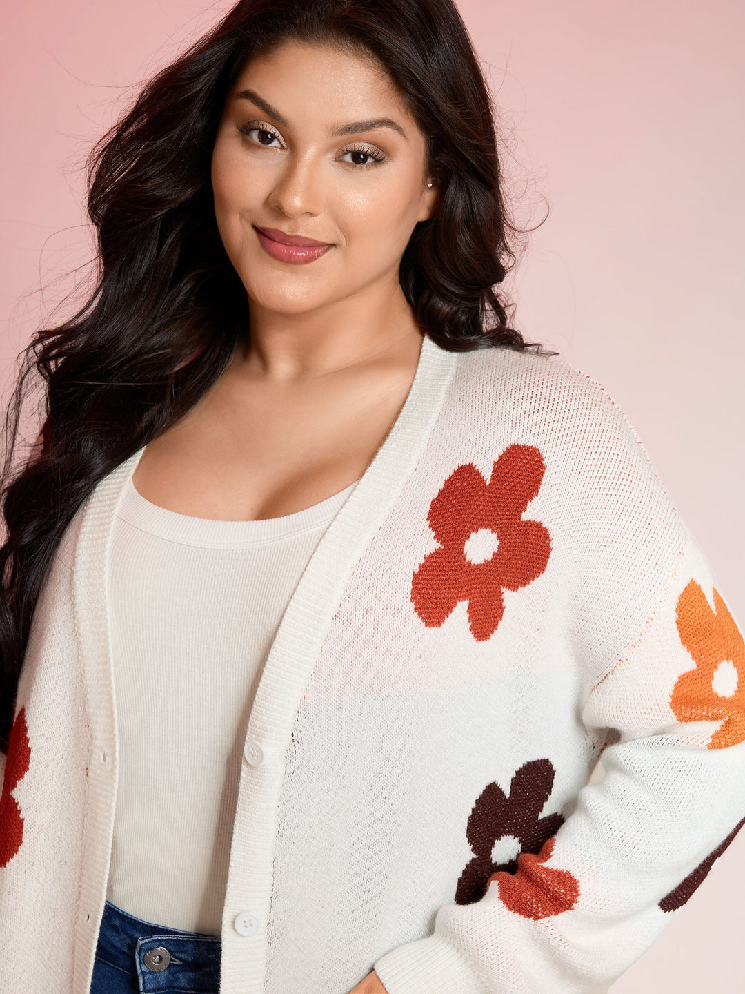 Amira | Women’s floral knit button-up cardigan with patch pockets