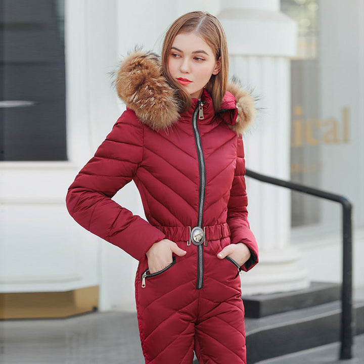 Amina | Women’s quilted ski suit with faux fur hood