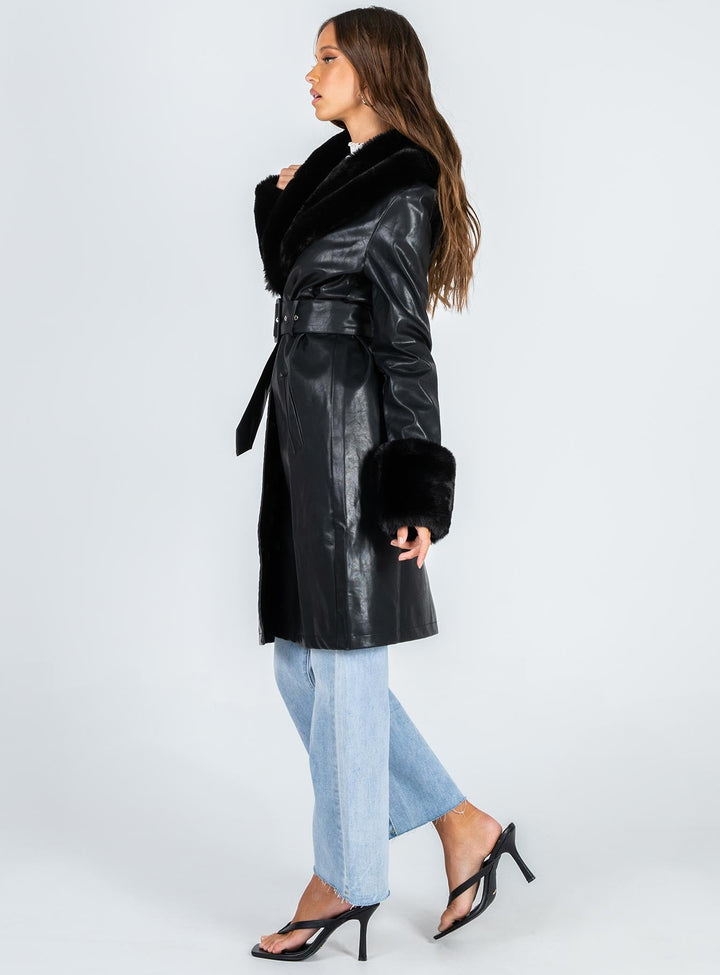 Harley | Women’s long vegan leather trench coat with faux fur trim and belt