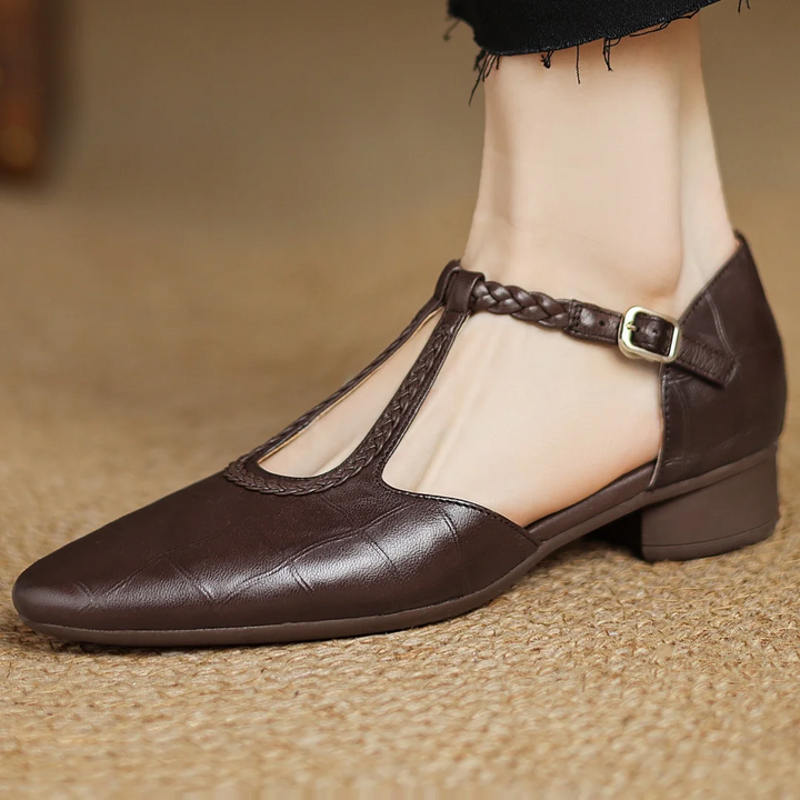 Cara | Women’s t-strap sandals with braided detail and pointed toe