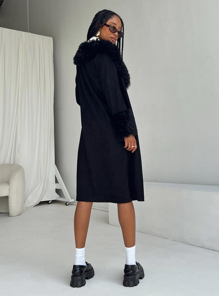 Pristine | Women’s long black trench coat with faux fur trim and button front