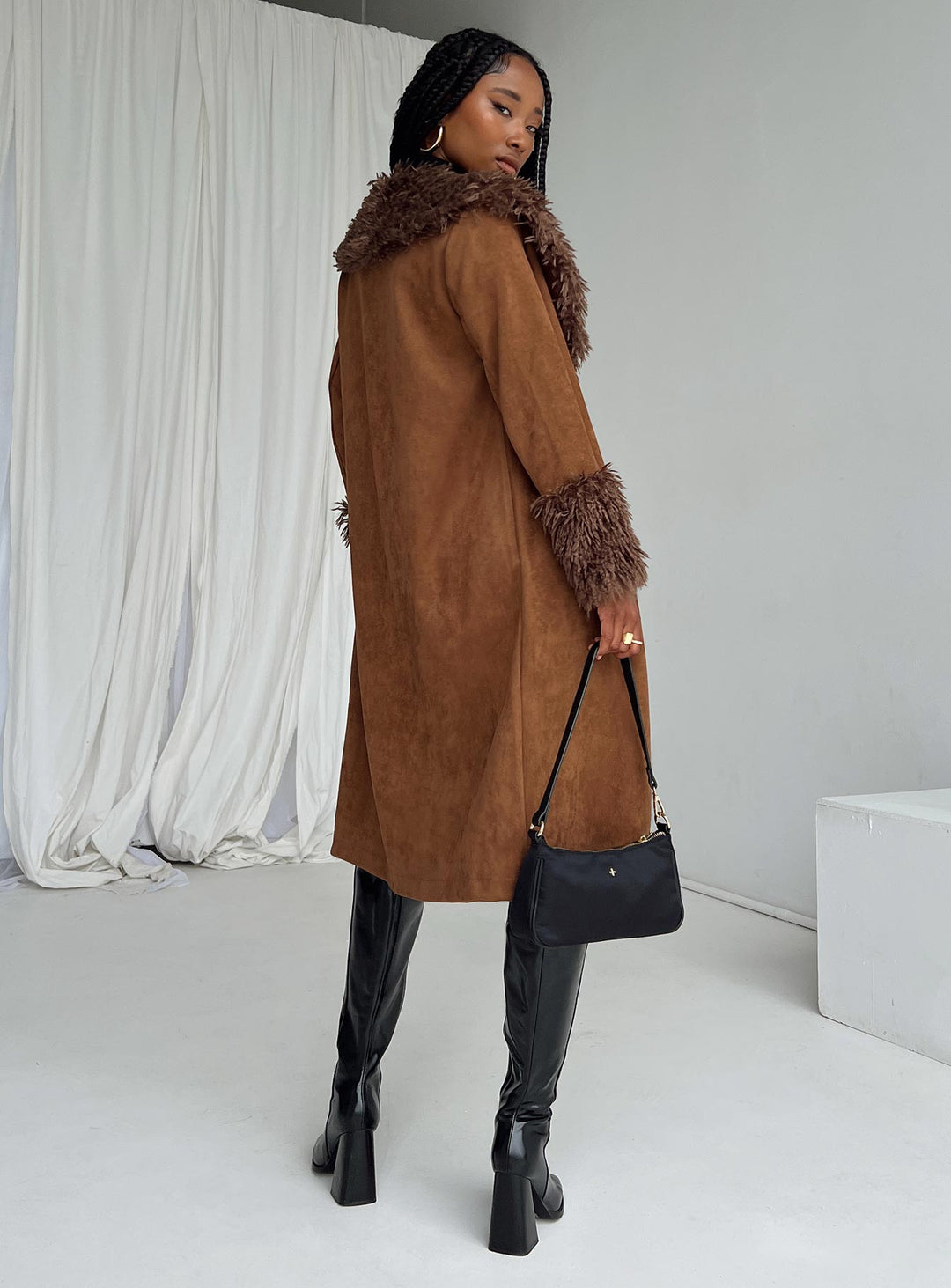 Abby | Women’s long faux suede trench coat with faux fur collar and cuffs