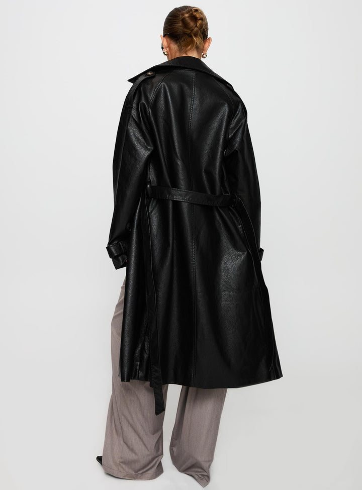 Bettina | Women’s faux leather belted trench coat with wide collar and lapel