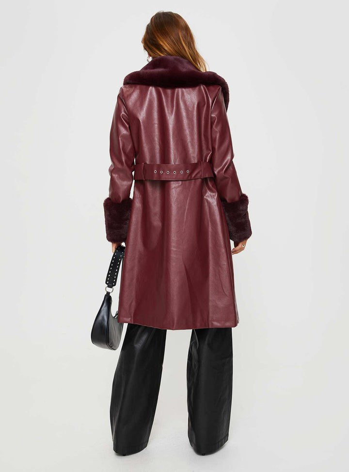 Isabella | Women’s longline faux leather trench coat with faux fur trim
