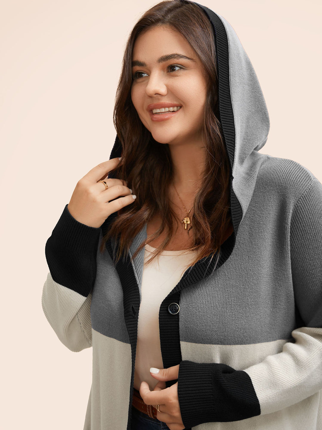 Adeline | Women’s color block hooded knit cardigan with patch pockets