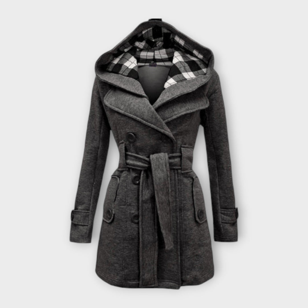 Yusra | Women’s belted wool blend coat with check-pattern hood