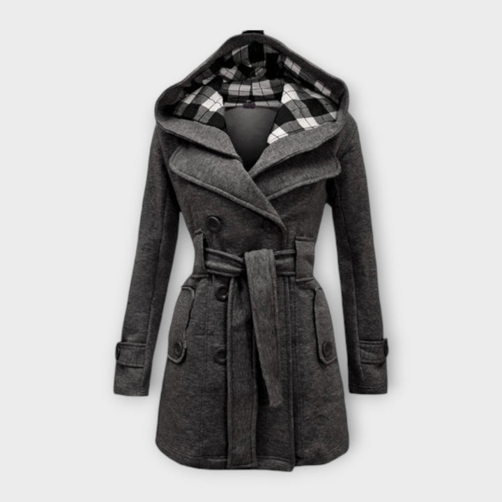 Yusra | Women’s belted wool blend coat with check-pattern hood