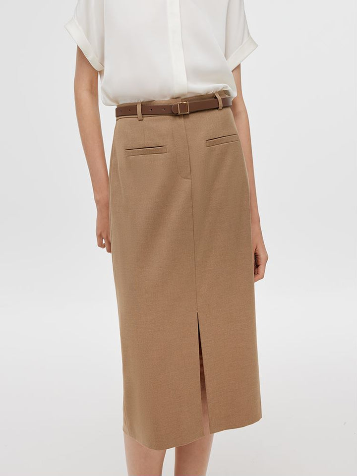 Alora | Women's basic straight slit midi skirt with belt