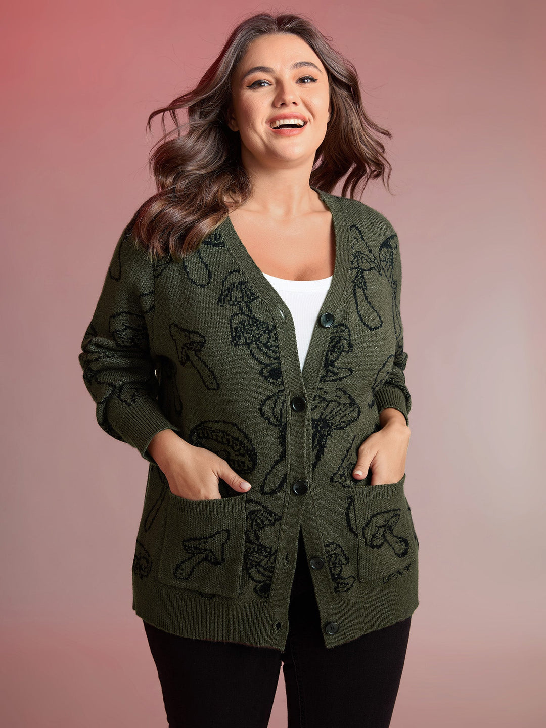 Esther | Women’s button-up knit cardigan with embroidered details and patch pockets