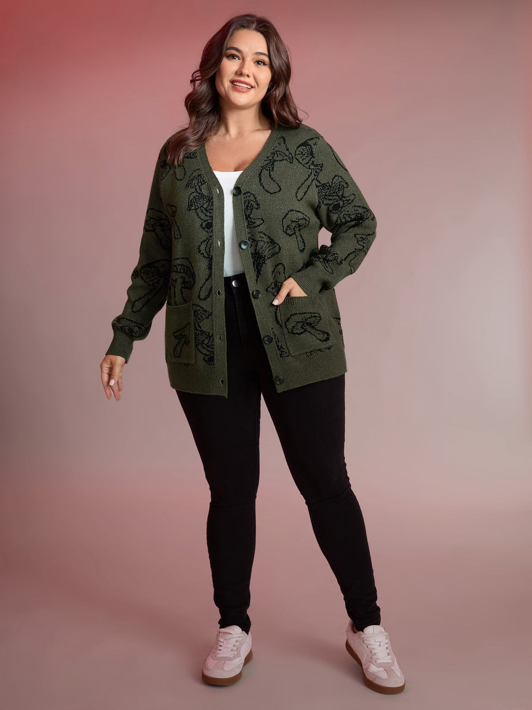 Esther | Women’s button-up knit cardigan with embroidered details and patch pockets