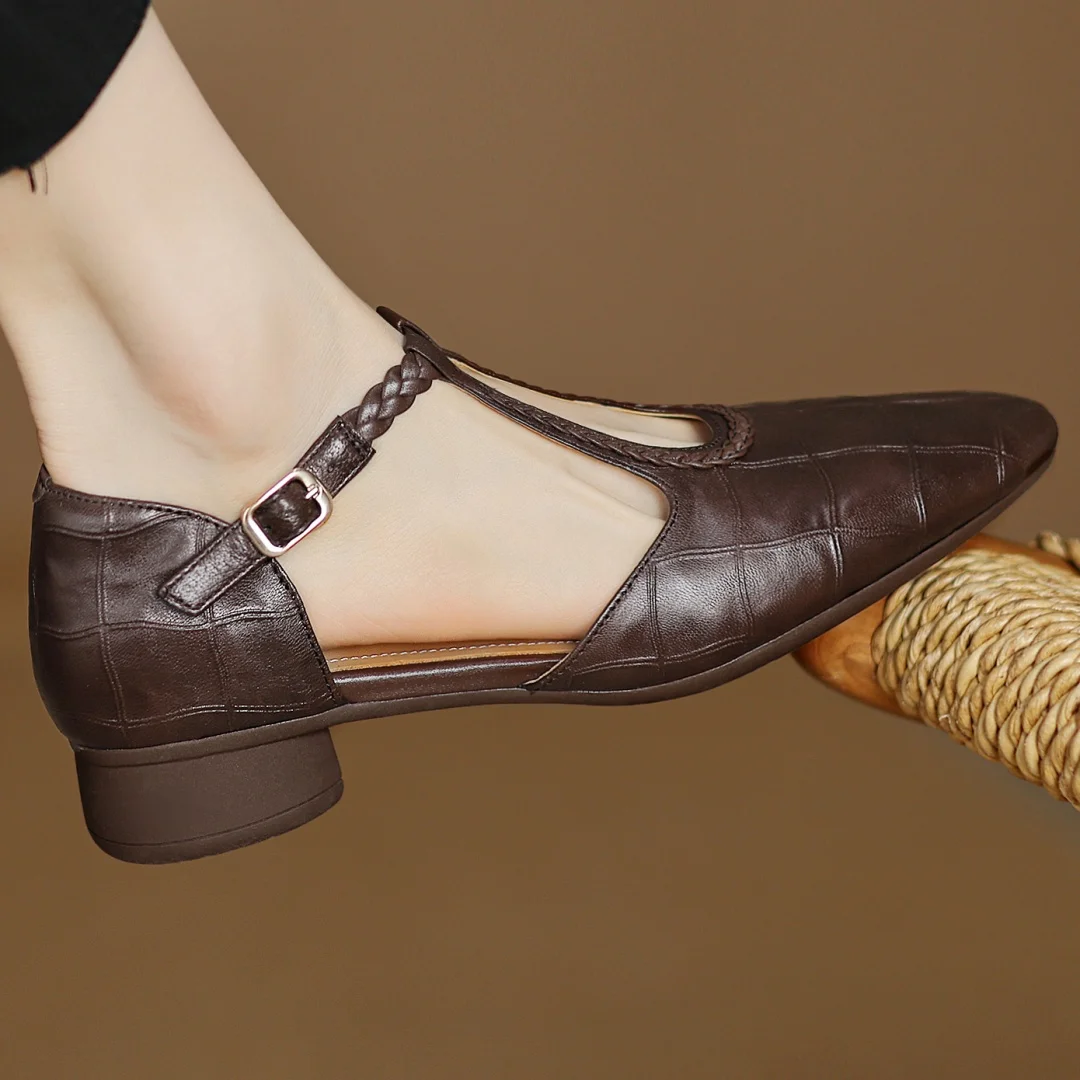 Cara | Women’s t-strap sandals with braided detail and pointed toe