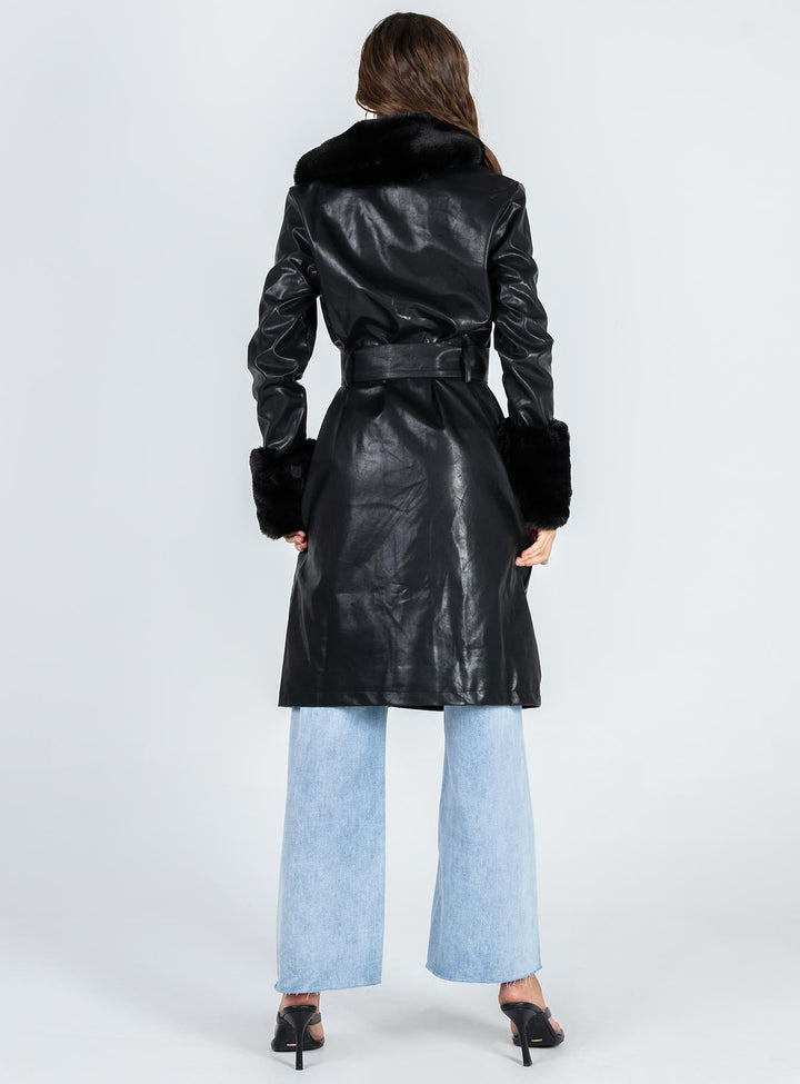 Harley | Women’s long vegan leather trench coat with faux fur trim and belt